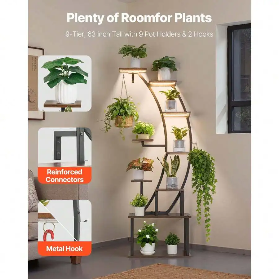 Plant Stand Indoor With Grow Lights, 63 In Tall 9-Tier Lighted Plant Shelf, Metal Plants Holder, 3 Timer & 10 Brightness, Curve-