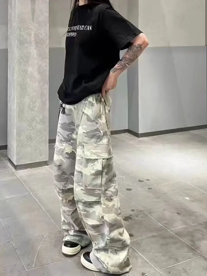 

Джинсы унисекс в американском ретро-стиле больших размеров, повседневные, камуфляжные, на шнурке, прямого кроя, весна-осень