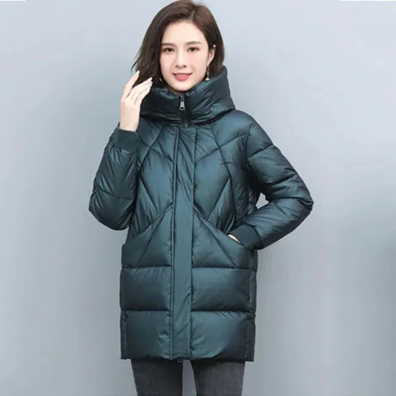 Parka elegante de comprimento médio para mulheres, jaqueta acolchoada, jaqueta grossa, casaco de algodão com capuz, parkas novos, casacos de