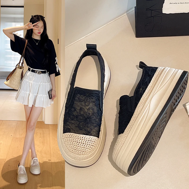 2026 New Women Hollow Lace Slip On Fisherman Shoes Mesh Wedge Loafers Black White Soft Breath Summer Daily Walking Comfort Shoes