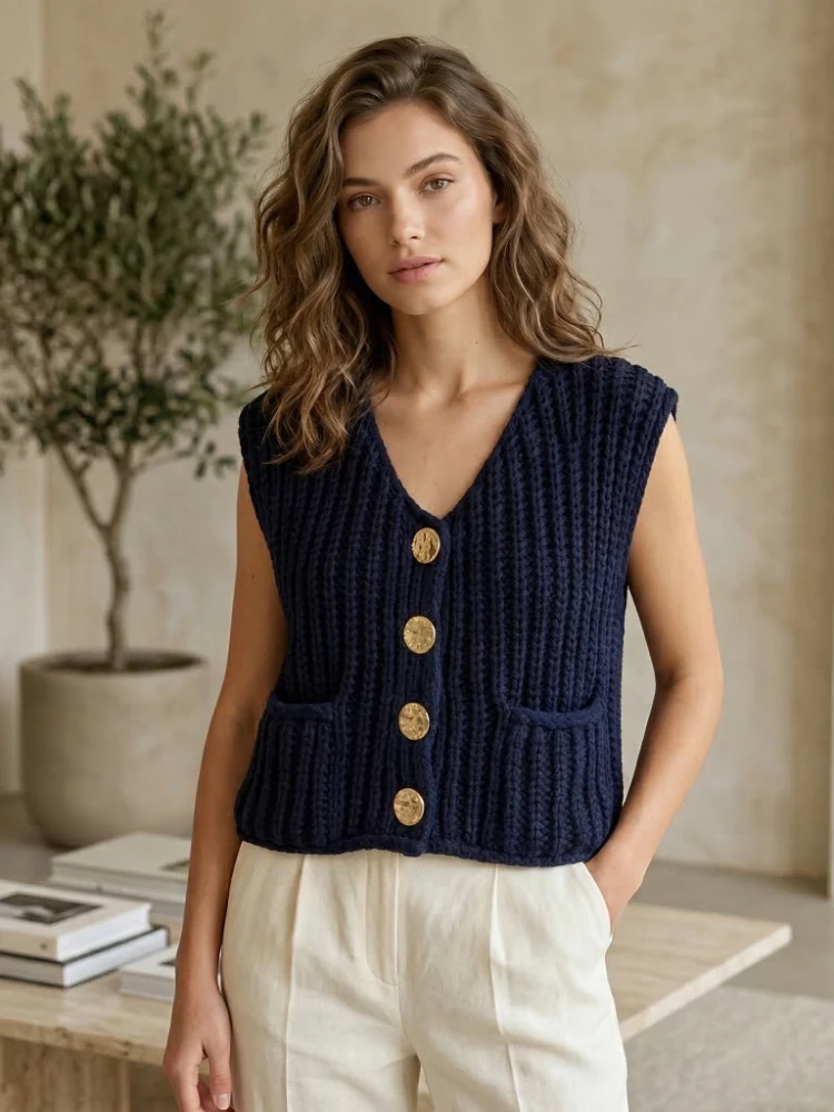

Woman Knitwears Women's Vest Outerwears Sleeveless Brown Sweater Knit Vest Women Preppy Cropped Sweaters Spring Autumn Tank Top