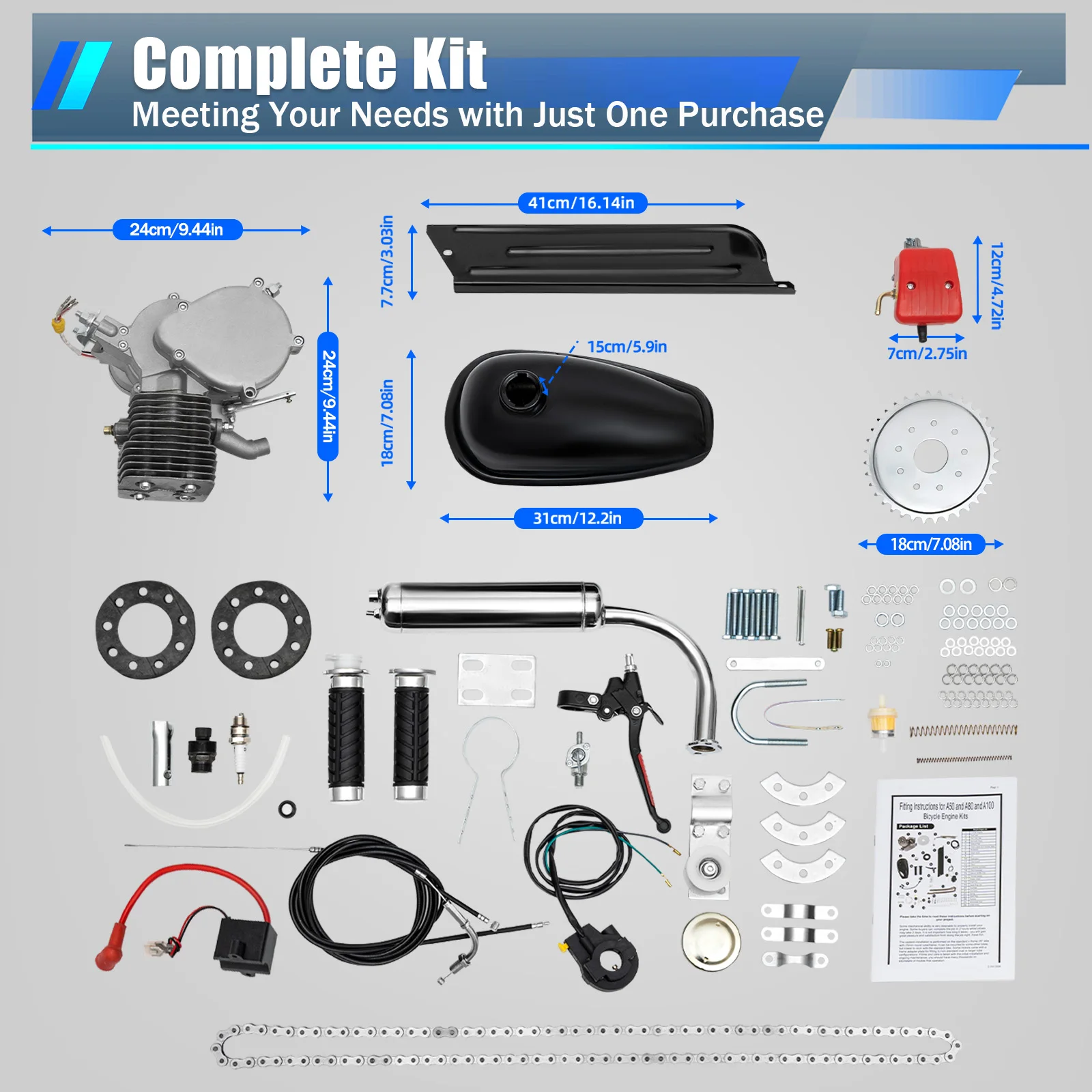 

100cc 2 Stroke Bicycle Motor Kit , Motorized Bicycle Engine Kit 2 Stroke Petrol Gas Motor Engine Kit Fits Most 26" or 28" Bikes