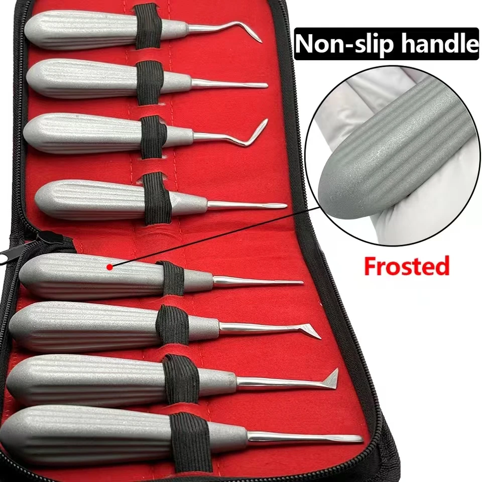 8Pcs Dental Luxating Lift Elevator Kit Dental Elevator Frosted Non-slip Handle Curved Root Tooth Extraction Dental Tools