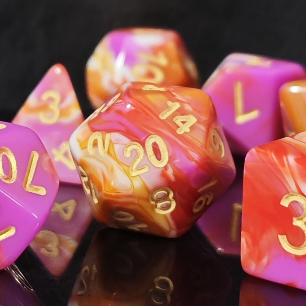 Hot Sale 7Pcs Pink Orange Swirl Polyhedral Dice Set with Gold Numbers DND Dice for Dungeons & Dragons RPG MTG Tabletop Board G