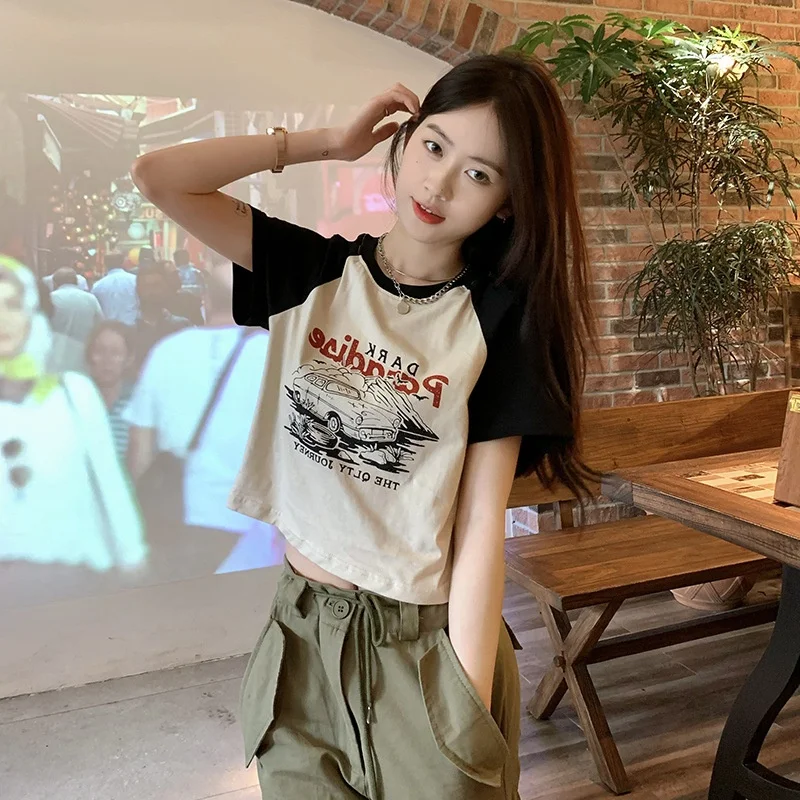 Loose Short Sleeve T-Shirt Women's Ultra-Short Design Sense 2023 New Style Commute Korean Version round Neck Polyester Fabric