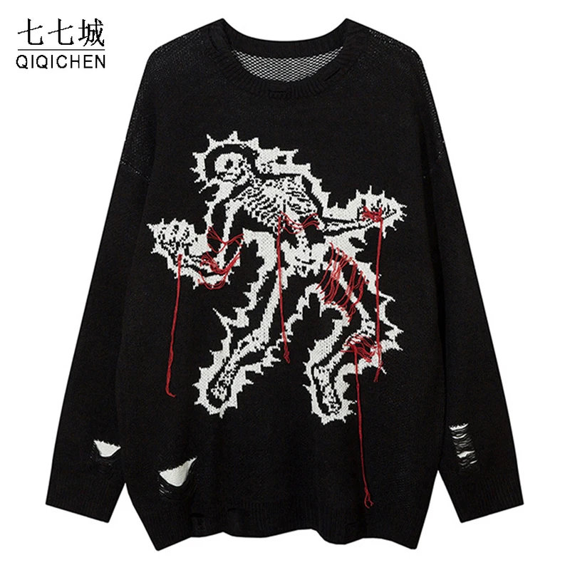 Mens Streetwear Sweater High Street Skulls Embroidery Oversize Knitted Pullover Y2K Casual Jumper Autumn Winter Unisex Sweaters