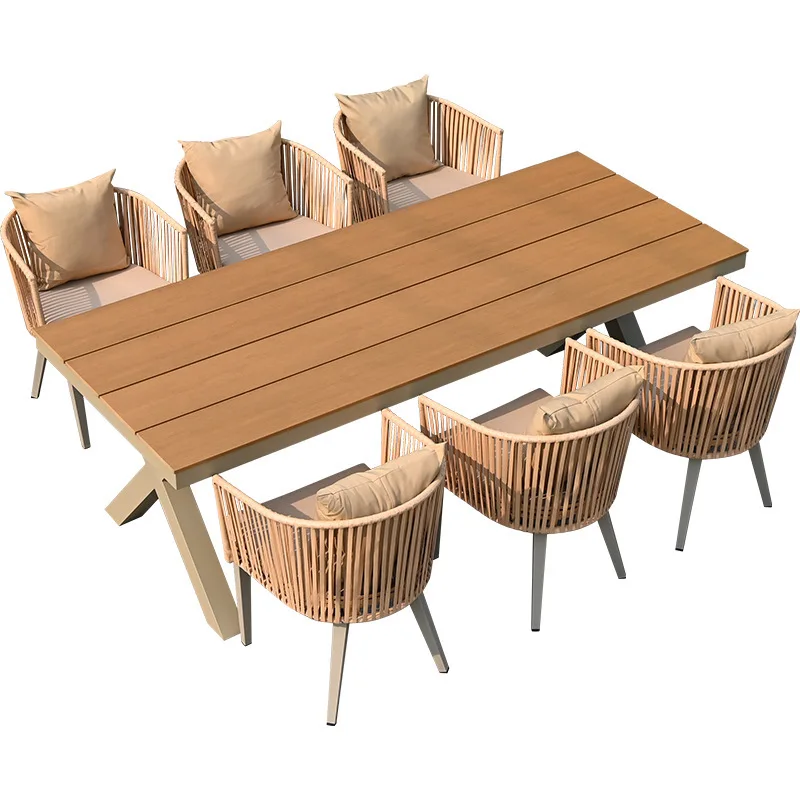 

Outdoor plastic wood garden set elegant rattan villa courtyard casual dining table