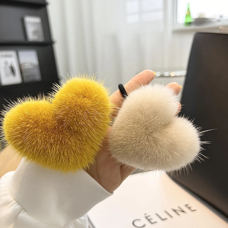 Real Mink Fur Fashion Hair Rope Elastic Bands Woman Luxury Heart Fluffy Hair Ties Girls Rubber Band Hair Ring Accessories