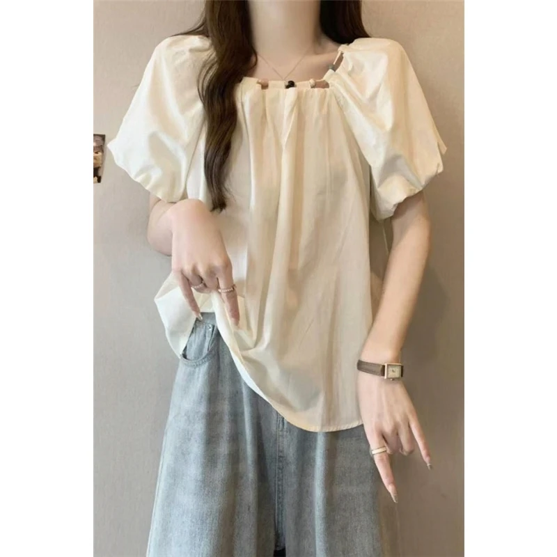 

Summer New Style Doll Design Slimming Beaded Bubble Tie Short Sleeve Loose Cotton Polyester Blend Women's Shirt Sweet Square ...
