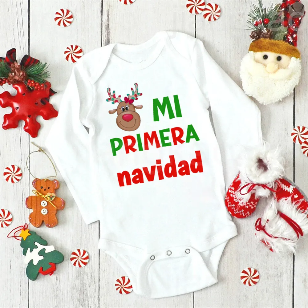 My First Christmas Spanish Printed Newborn Bodysuit  Baby Long Sleeve Romper Toddler Xmas Party Clothes Infant Baptism Outfits