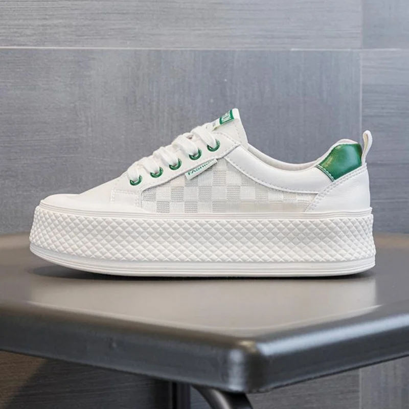 7.5cm Women Genuine Leather White Shoes Women Casual Shoes Wedges Casual Shoes Fashion Sneakers Walking Shoes 34-40
