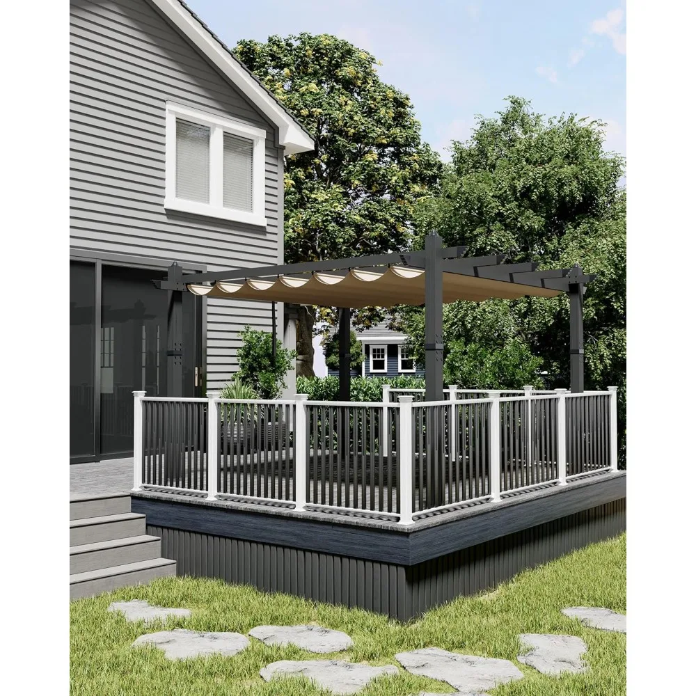 

10x13 Ft Aluminum Pergola with Retractable Canopy Metal for Garden Modern Backyard Deck Grape Trellis(Khaki)