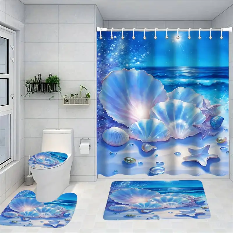 Bright Beach Colored Shell  Shower Curtain HeartBath Sets Waterproof Non-Slip Bathroom Rug Toilet U  With 12 Hooks Home Deco