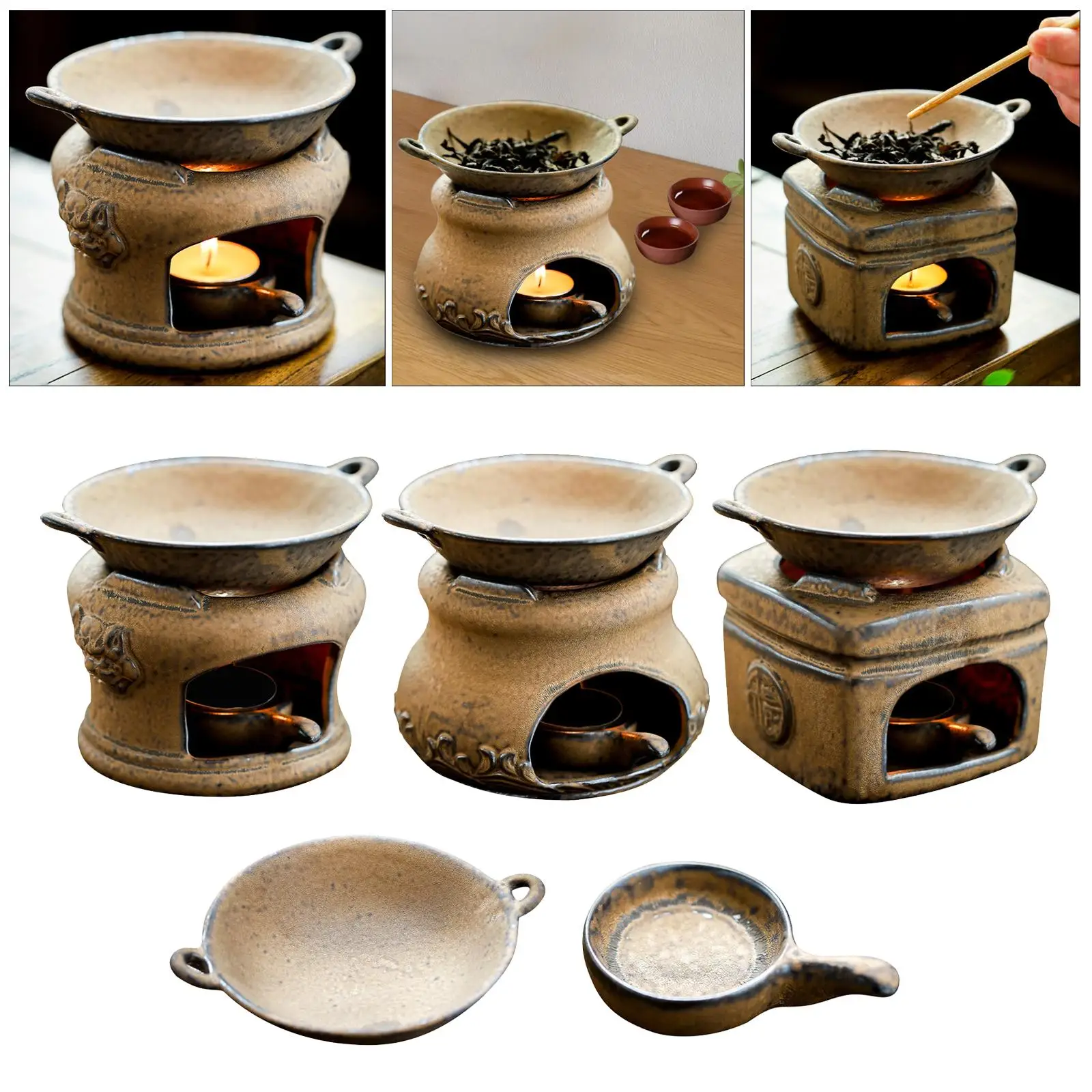 Oil Warmer Chinese Style Vintage Furnace Tealight Holder Candle Diffuser Candle Burner Set for SPA Yoga Bedroom Decor Meditation