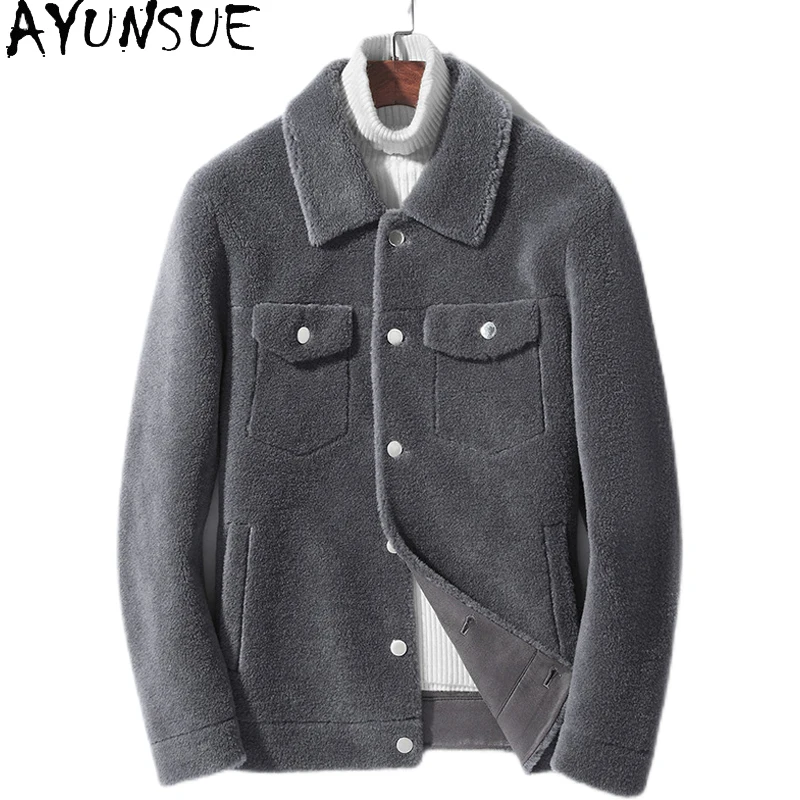 AYUNSUE Moda 100% Cappotti di Lana per Uomo Inverno Breve Tosatura Delle Pecore Giacca Uomo Casual Granulare Cappotto di Lana di Agnello Giubbotti Outwears