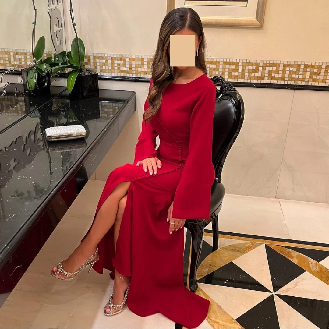 Gaun malam leher sendok Lovestory gaun malam wanita Arab Saudi kancing lengan panjang gaun Prom belah samping ritsleting belakang Vestidos De Noches