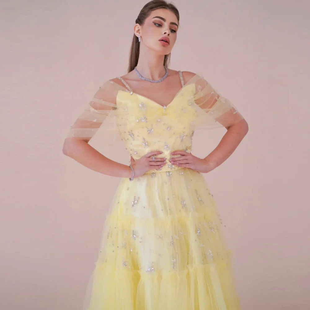 Robe de soirée en Tulle jaune personnalisée, élégante, col en v, épaules dénudées, robes de bal de haute qualité