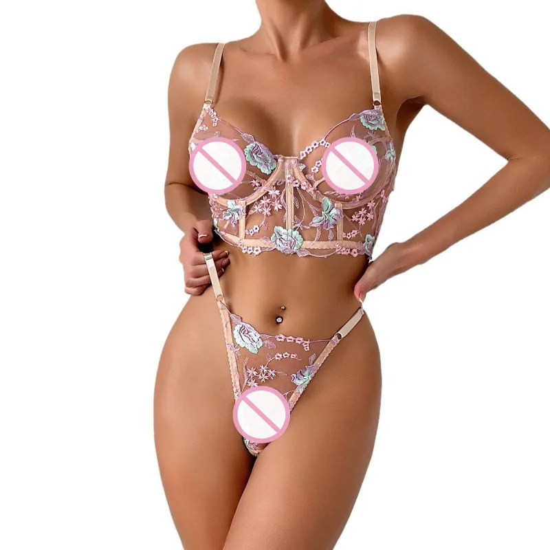 

European and American Summer Sexy Women's Bra Set Ultra-thin Mesh Fishbone Underwire Push-up Embroidered Lingerie Set qqny0105