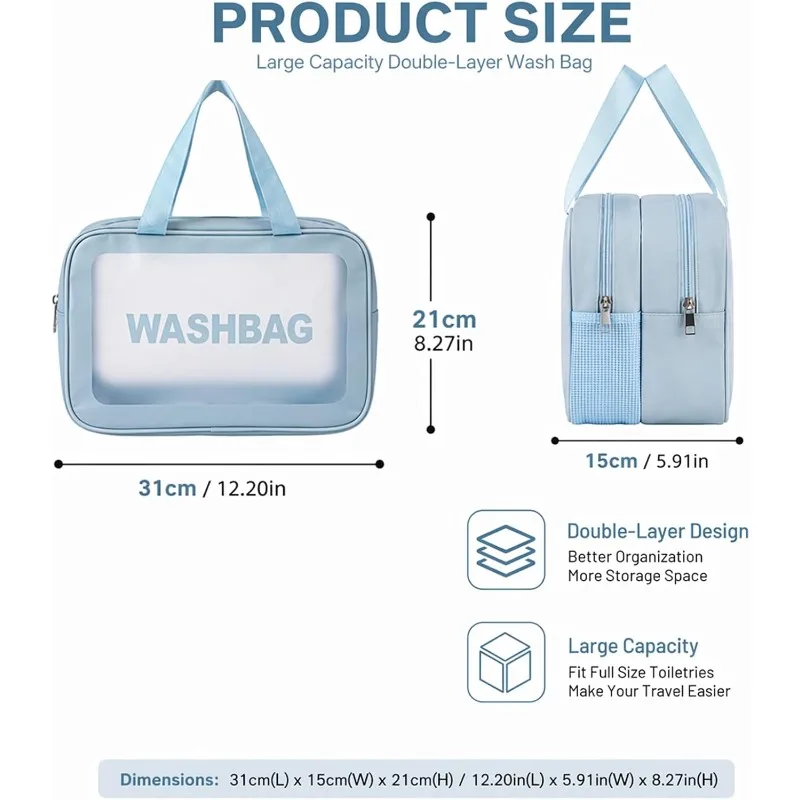 Large Clear Toiletry Bag Waterproof Double Layer Wash Bag Dry Wet Separation Travel Makeup Organizer Cosmetic Pouch