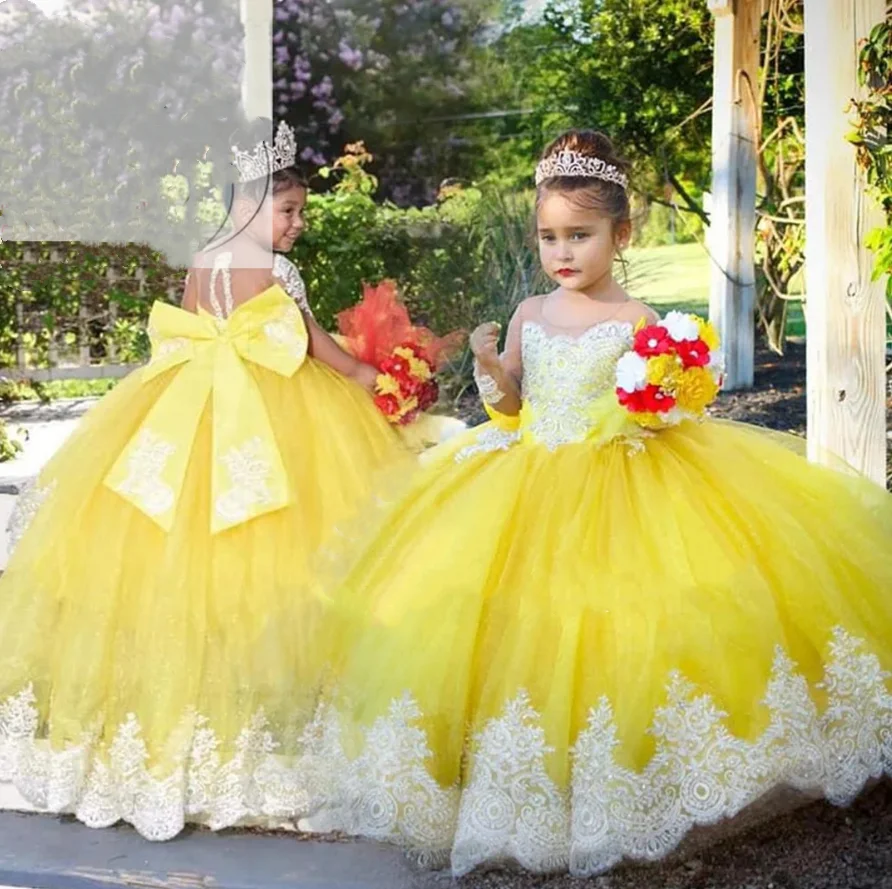 High Quality Yellow Flower Girl Dresses Big Satin Bow Lace Edge Pageant Birthday Gowns Girls First Communion Dress Kid 1-14T