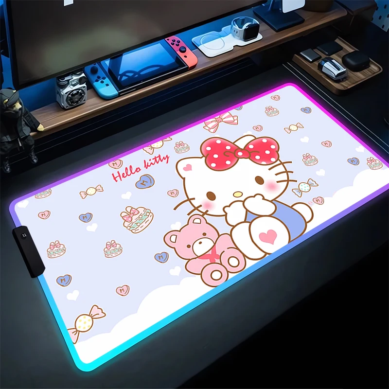 RGB Gaming Mouse Pad Hello Kitty Desk Mat HD Gamer Accessories Large LED Light MousePads PC Computer Carpet Home Decor Sanrio