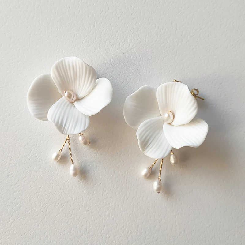 Mixed Styles Handmade Ceramic Flower Bridal Pendant Earring Wedding Pearl Dangle Stud Earrings For Women Girls