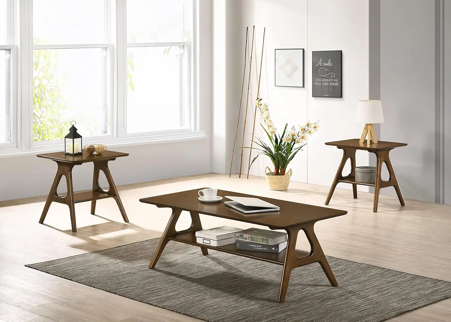 Modern Coffee Table Set, Living Room Accent Furniture, Home Tea Counter With Two Side End Tables, Sturdy Wooden Display Storage Stand, Contemporary Style, Walnut, Set Of 3