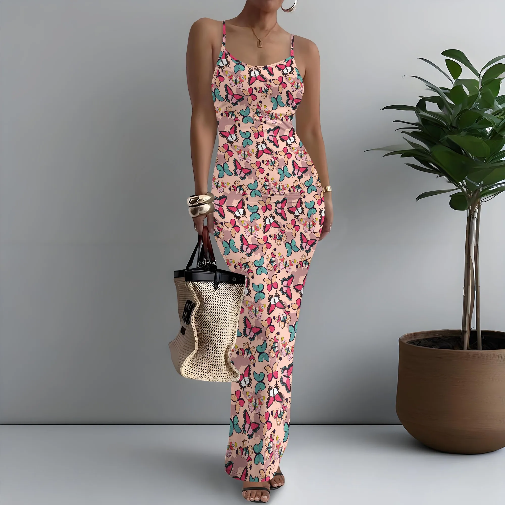 

Women's Spaghetti Strap Maxi Dress Adorable Butterfly Print Boho Chic Fashion XS-3XL