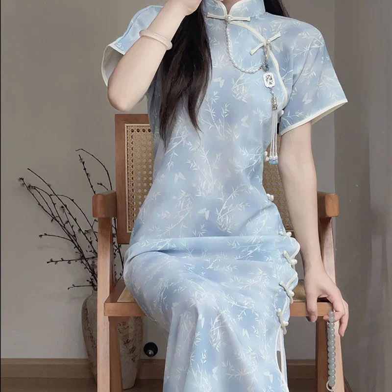 

2025 Women's Blue Vintage Retro Cheongsam Dress Chinese Style Summer Casual Short Sleeve Low Slit Qipao Premium Youthful