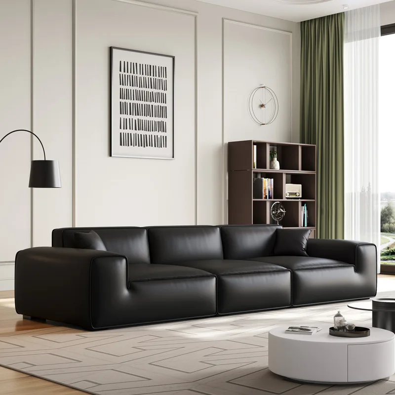 

Big black cow leather sofa Italian minimalist living room