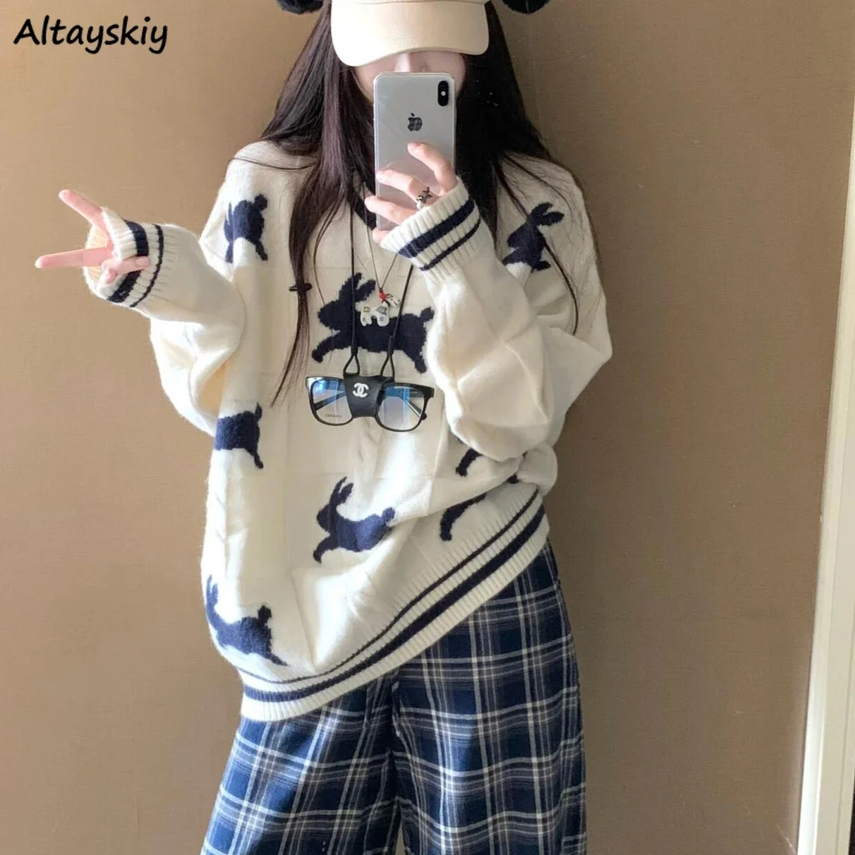 V-neck Pullovers Women Autumn Loose Rabbit Print Ropa Elegante Para Mujer Теплый Джемпер Женский Thick Keep Warm Knitted Sweater