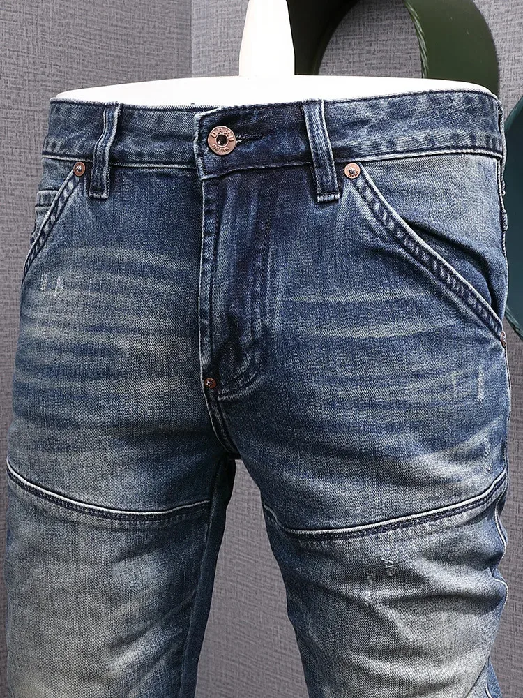 Herfstmode herfstmode Splicing retro blauwe slim fit jeans heren motorfietsstijl nostalgische gewassen broek met kleine pijpen