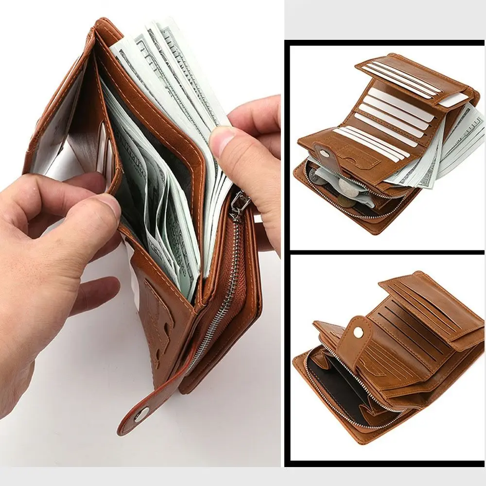 Luxury PU Leather Men Tri- Fold Wallets Coin Purse with Zipper Coin Purse Multifunctional Short Wallet