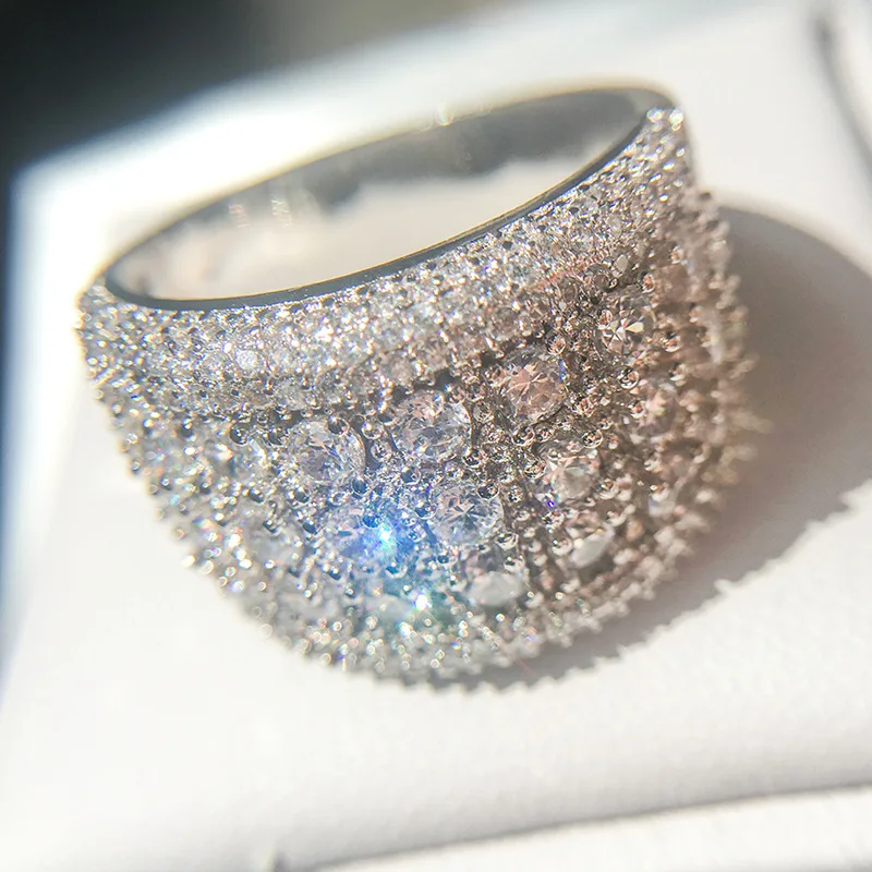 Dazzling 925 Silver Plated Wide Ring with Shining Zircons - Perfect for Cocktail Parties and Special Occasions