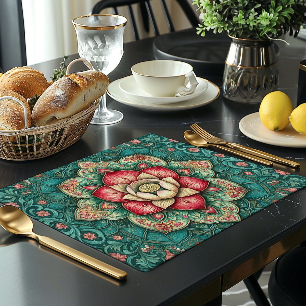 Vintage Floral & Bird Pattern Polyester Placemats & Coasters - Decorative Table Linens for Home Dining, Restaurant Use