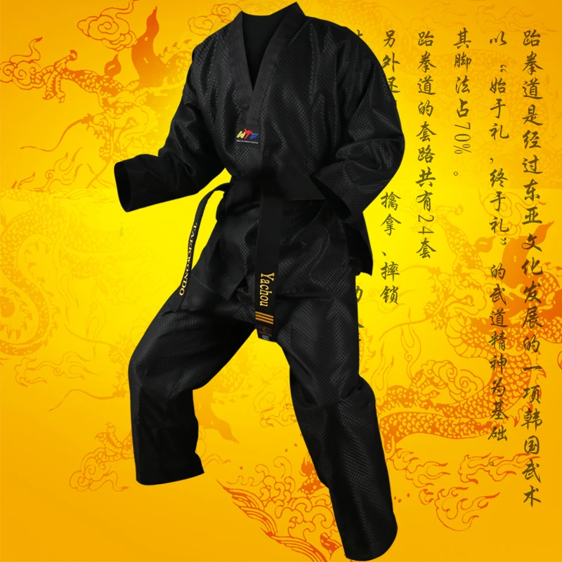 

Adult kids Men Women Black taekwondo uniform dobok wtf Cotton tae kwon do set clothes TKD clothing sets belt karate suits dobok