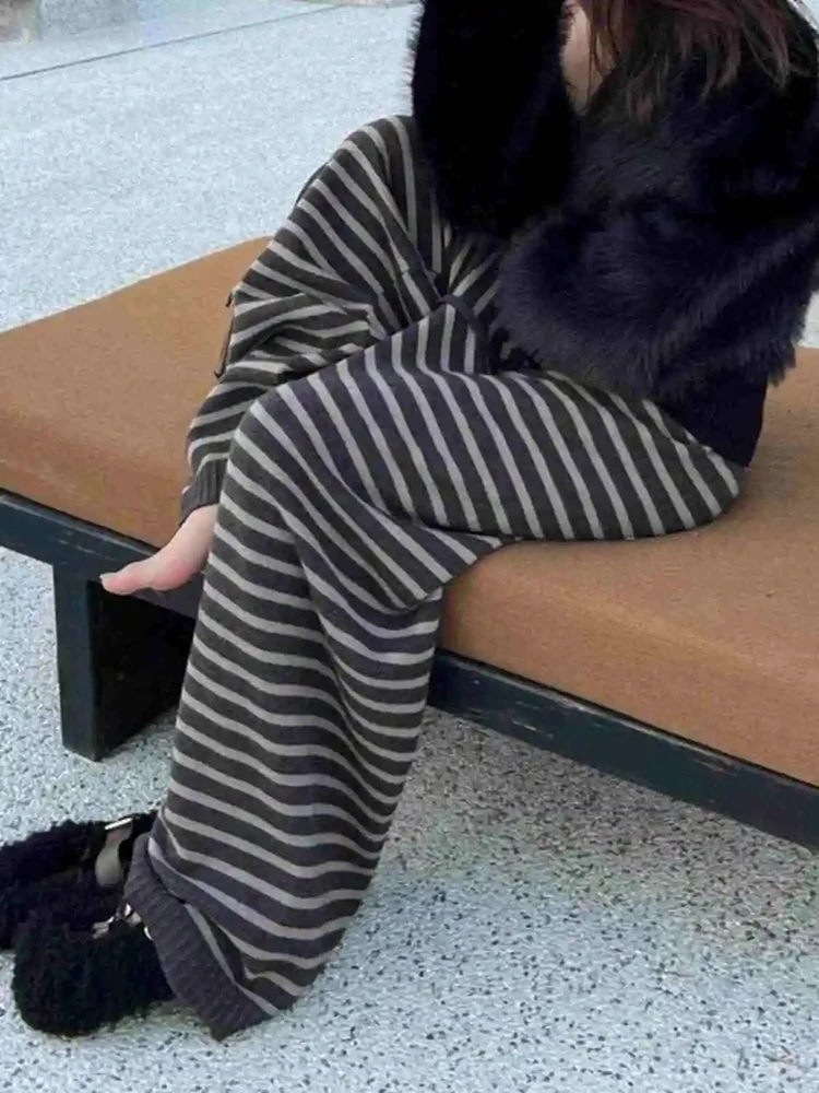 レディースカジュアルストライプパンツ ヴィンテージルーズルーズルーズストリートウェアストレートトラウザーズ 韓国風ハイウエストレトロワイドレッグパンツ