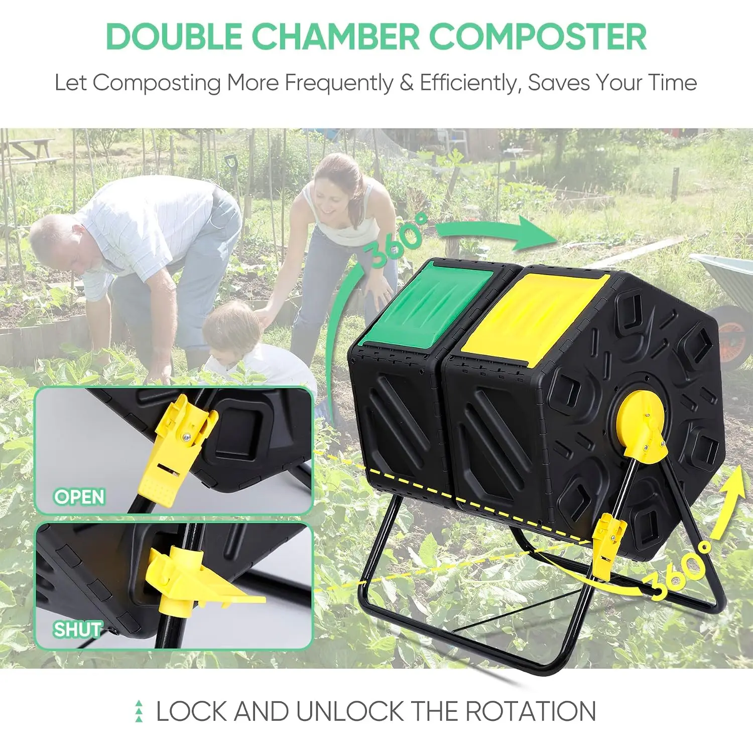 Dual Chamber 37 Gallon Compost Tumbler All-Season Outdoor BPA Free Large Composter Bin w/ 2 Sliding Doors and Solid Steel Frame