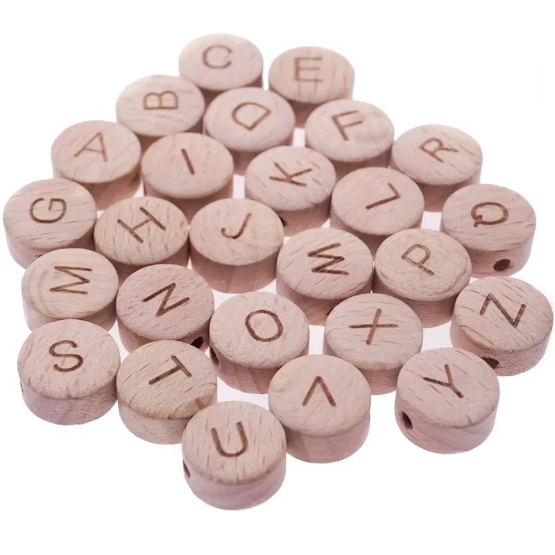 

10 шт. органические деревянные английские бусины из бука, плоские круглые бусины с буквами алфавита, внешний диаметр 15 мм для зажимов для сосок «сделай сам», поделки