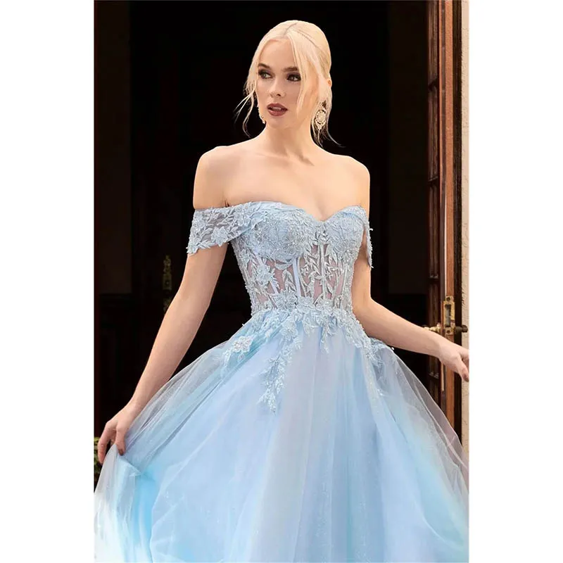 sky blue prom dress Embroidered tulle evening vest De Noche formal occasion party dress