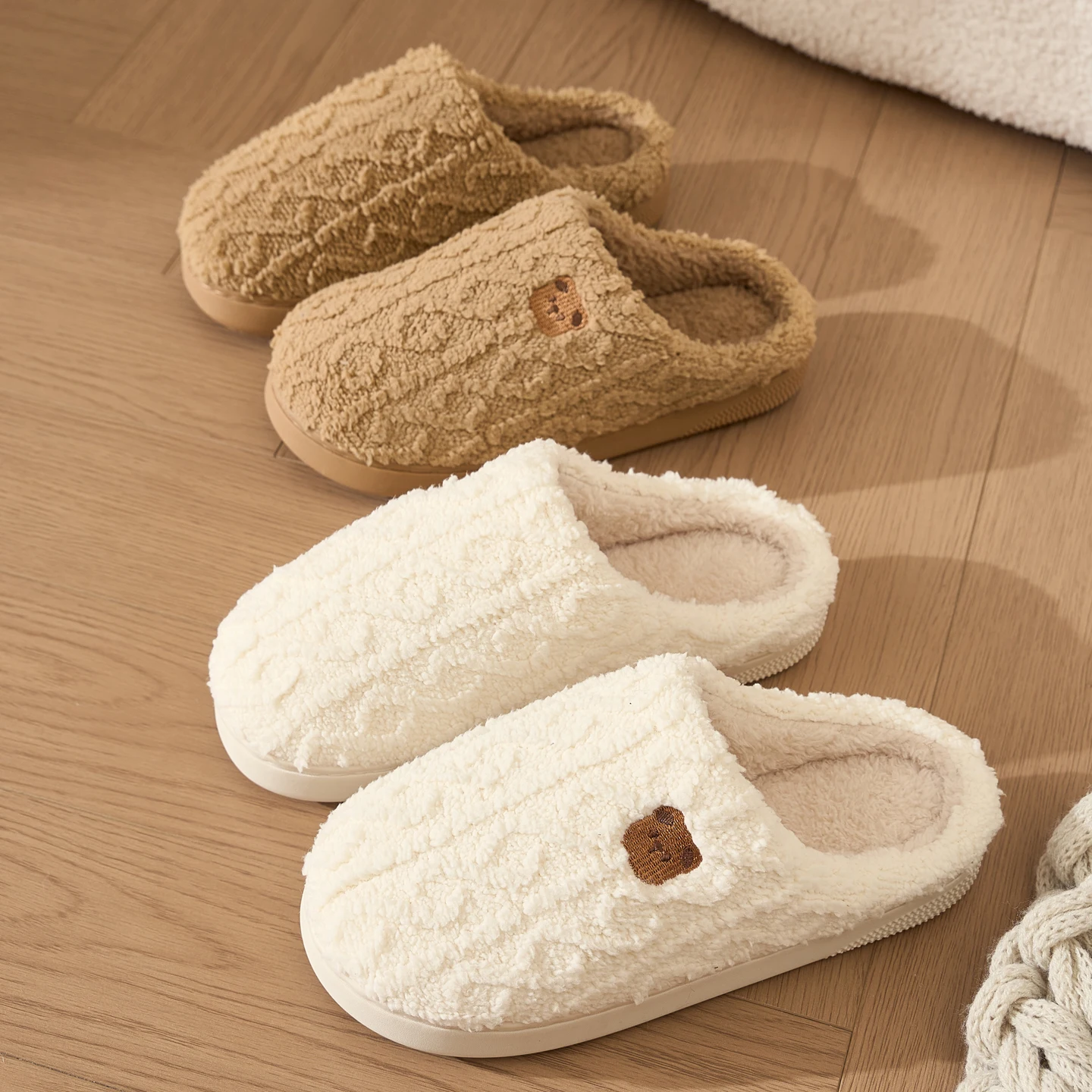 Winter Indoor Fuzzy Cotton Slippers for Women Men, Soft Plush Thick Warm Lining, Non-Slip Durable Comfortable Home Shoes