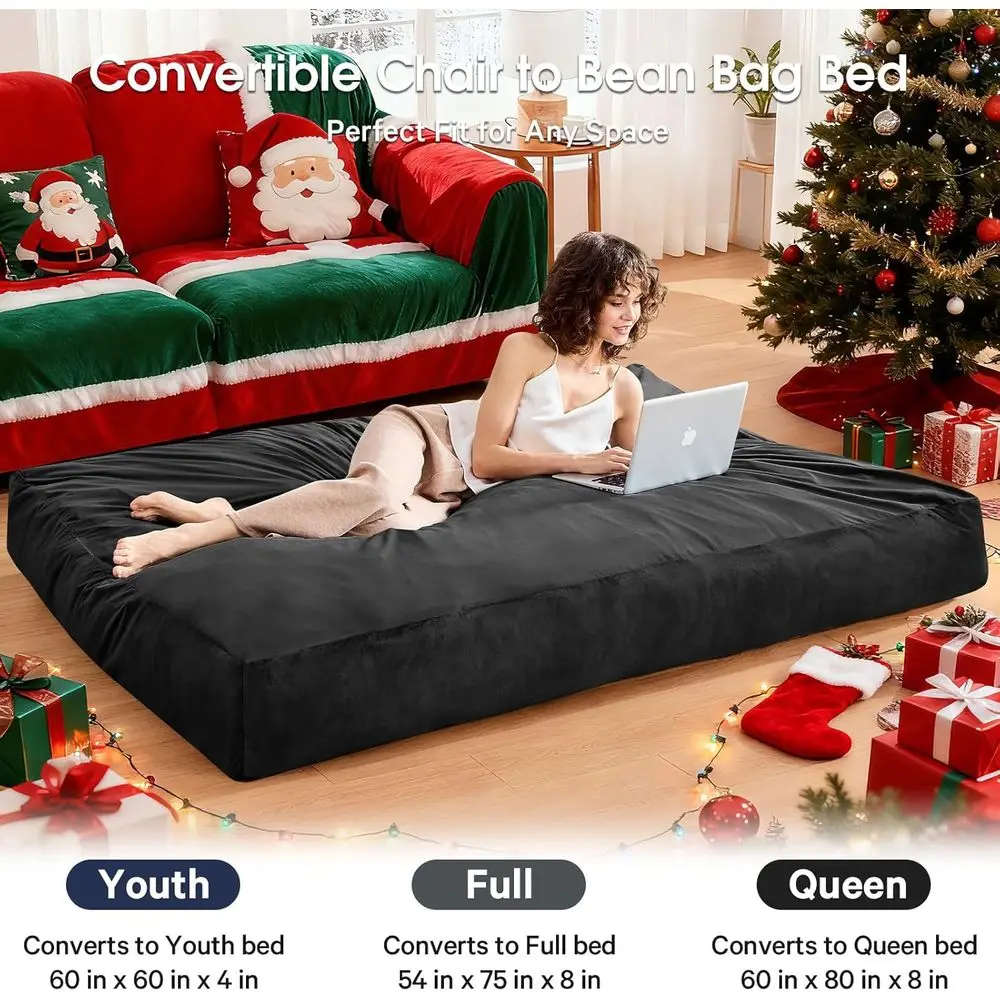 كرسي بين باج قابل للتحويل: سرير أريكة من الألياف الدقيقة للمراهقين - أريكة صغيرة باللون الأسود الكربوني لغرف النوم والمساكن #5