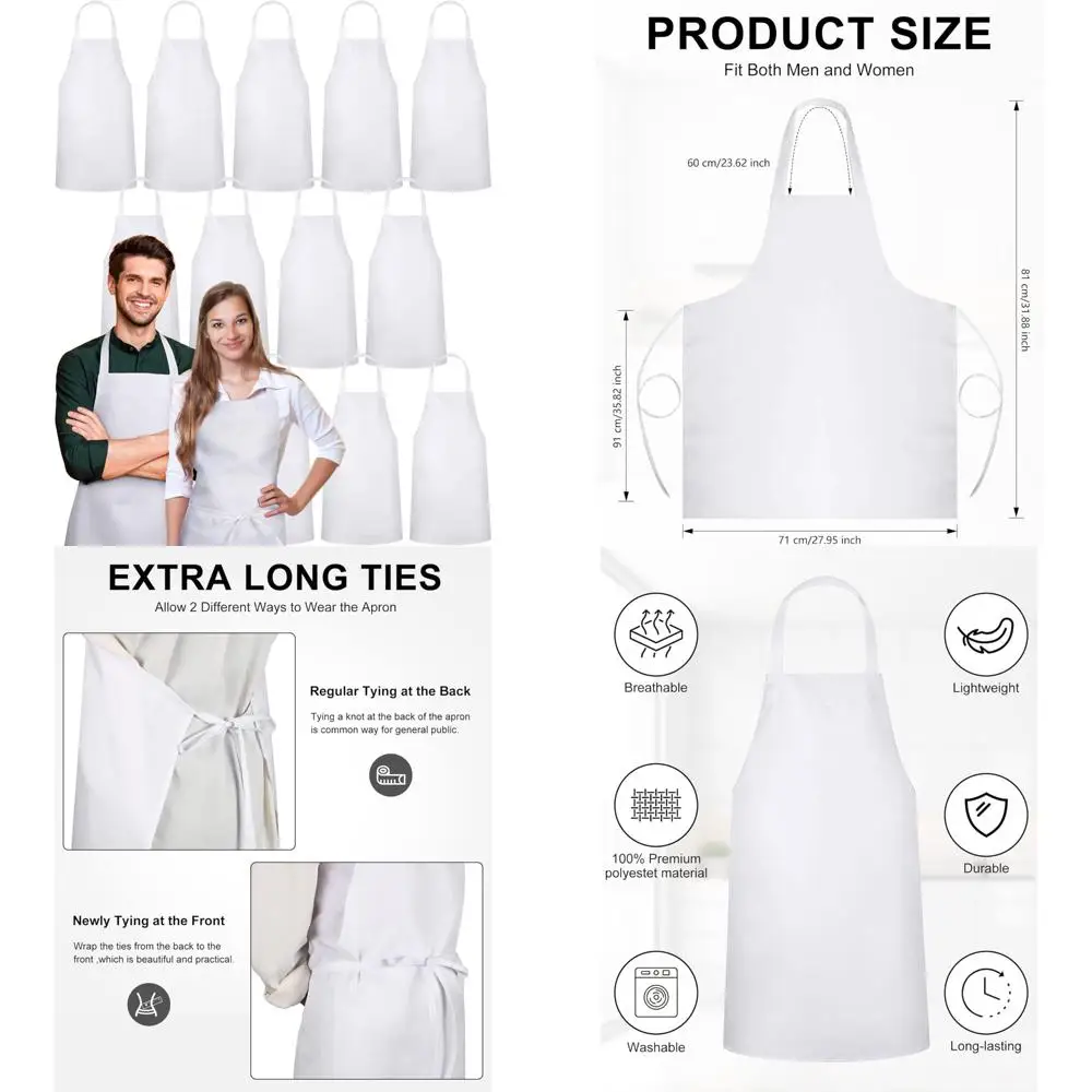 

Unisex Bulk Plain Aprons for Men and Women - Adult Machine Washable Adjustable Bib Aprons in White