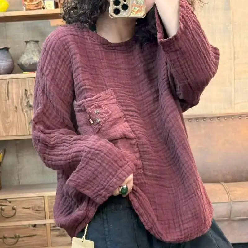 2026 Spring Autumn Arts Style Women Long Sleeve O-neck Loose Casual Tops Tees Vintage Patch Pockets Cotton Linen Tee Shirt F7861