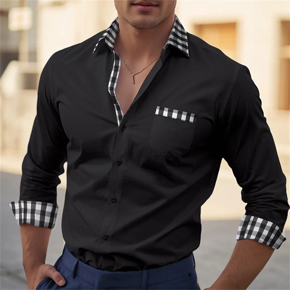 2024 New Business Casual Men\'s Button Up Shirt Solid Color Long sleeved Lapel Daily Vacation Pocket Comfortable Top Plus Size