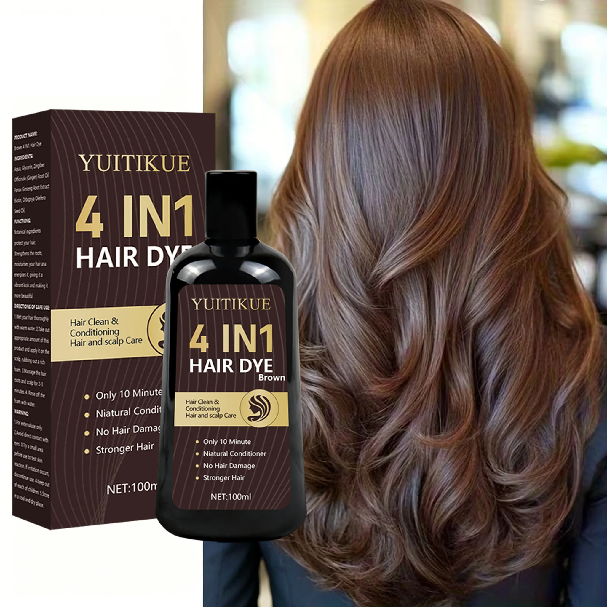 YUITIKUE Brown 4-in-1 Hair Color Wash Gentle Plant Formula Clean Scalp Strengthen Hair Hide White Hair Easily