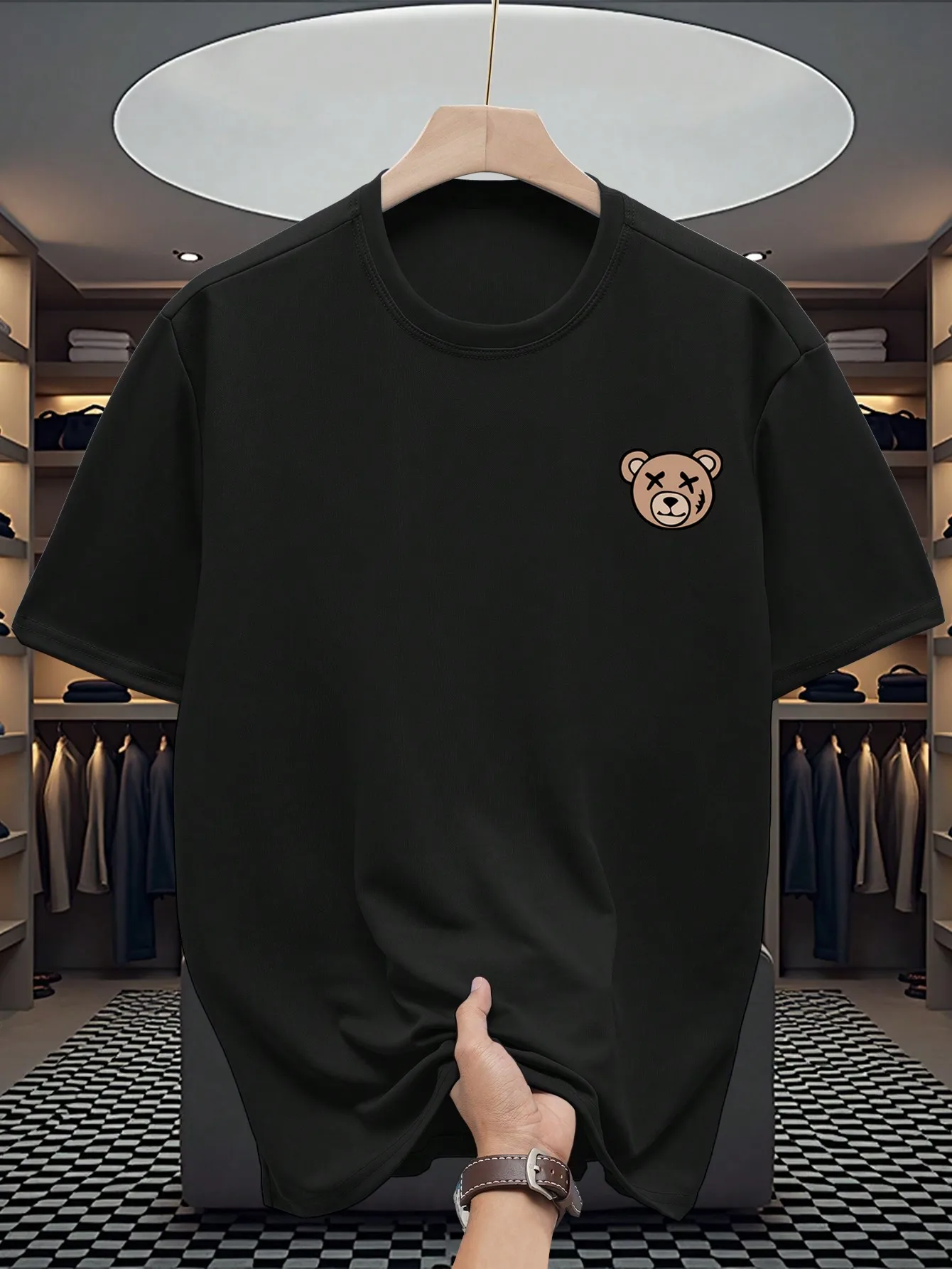 Men's Black Casual Short Sleeve T-Shirt with Small Bear Graphic Print
