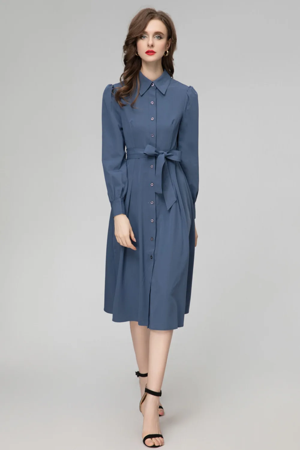 ZJYT Women\'s Long Sleeve Blue Midi Shirt Dress Spring 2024 Designer Fashion Single Breasted Casual Dress Office Lady Vestidos