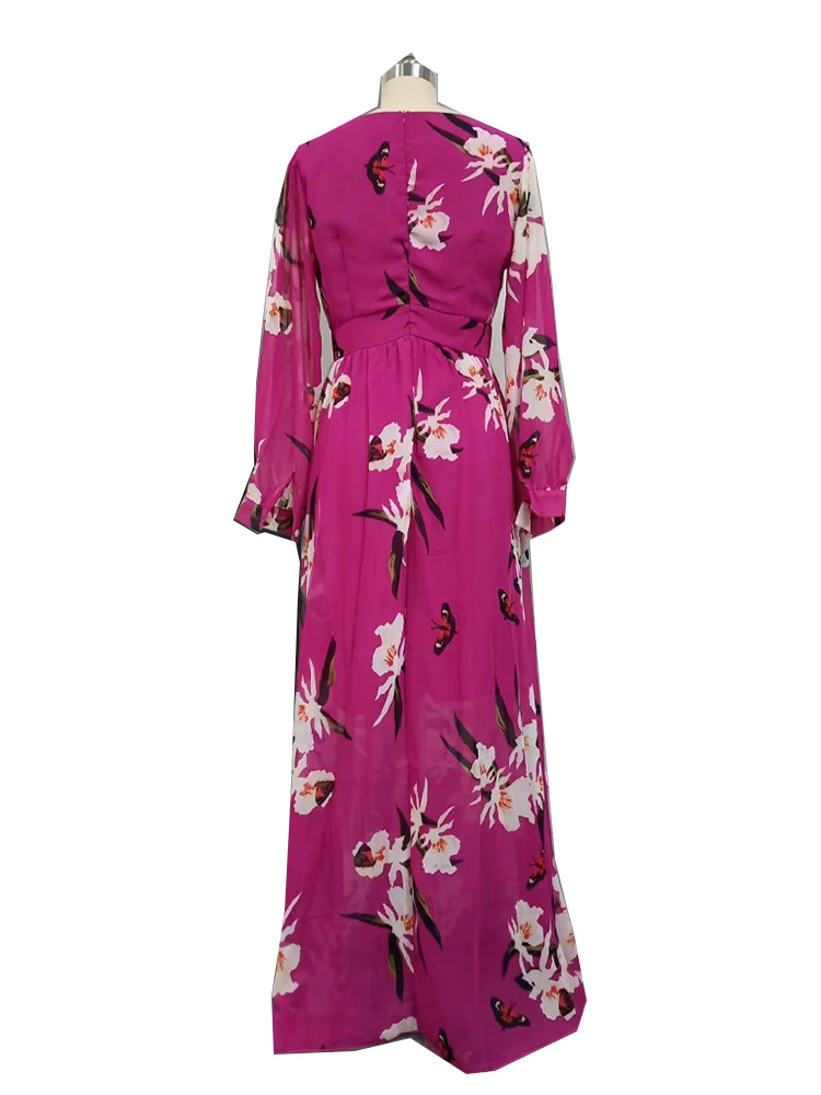 D rauuing-Robe longue à imprimé fleuri pour femme, tenue de soirée élégante, manches lanternes, nouvelle collection automne