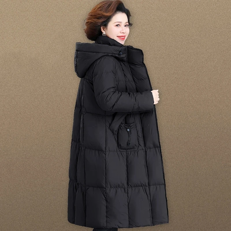 2026 New Women's Long cotton Coat Hooded Winter Warm Quilted Down Cotton Jacket Plus Size Over Knee Outerwear Middle‑Aged Ladies